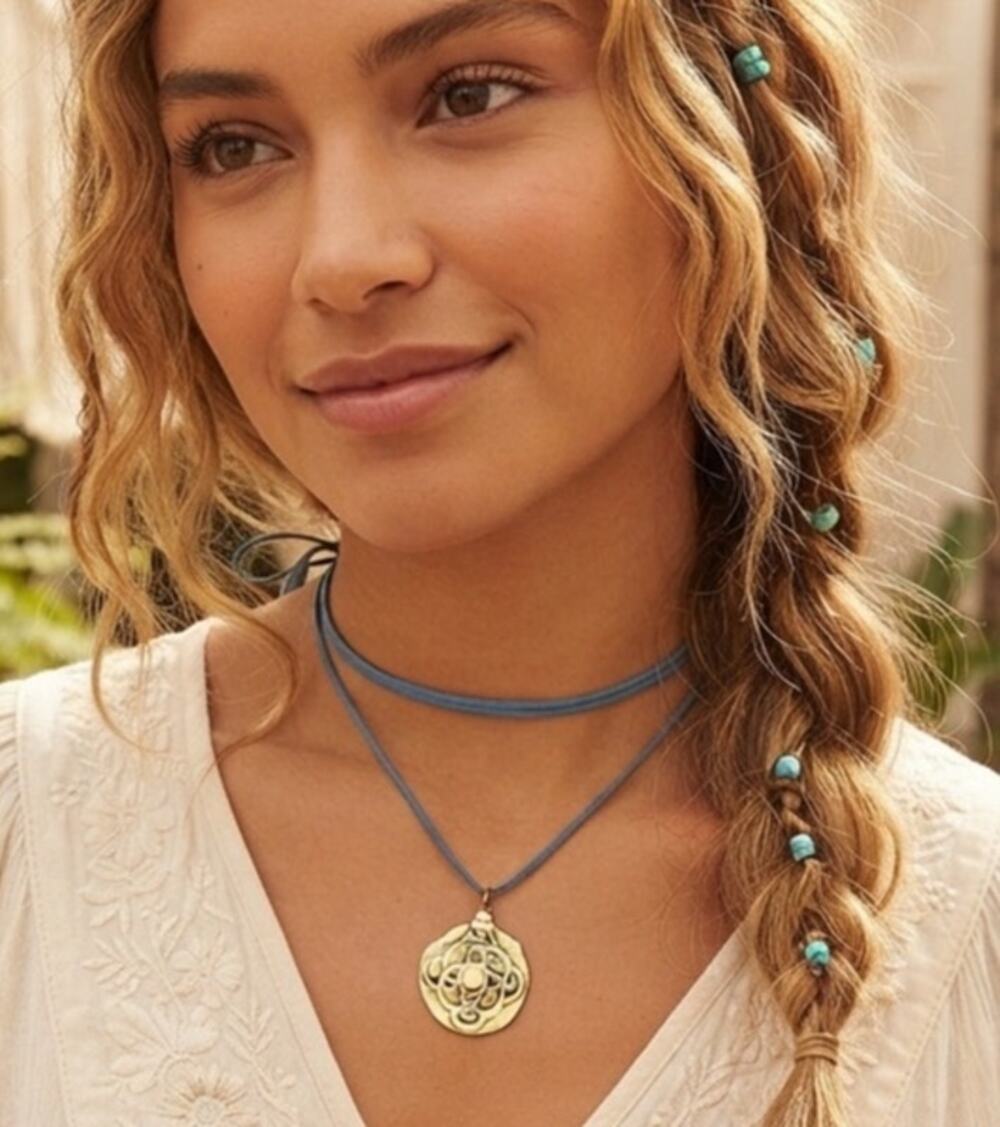 Handmade Boho/Beachy Upcycled Coin Medallion Choker with Teal Faux Suede Lace